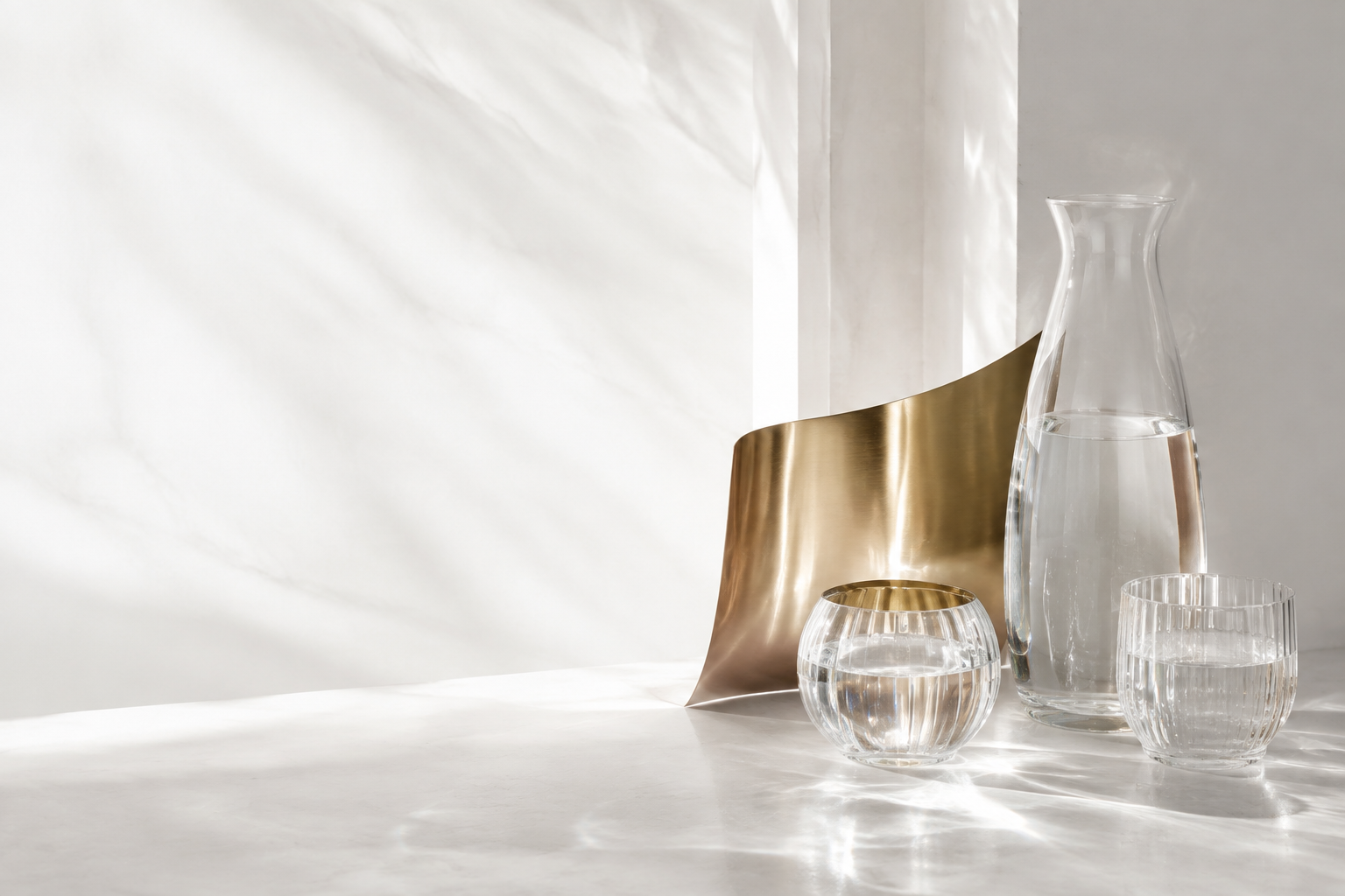 Weißes Glas-Stillleben mit Wasser und einem Akzent aus Champagnergold.